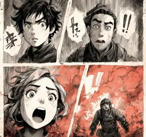 漫画岛首屏主视觉：多彩漫画书页与角色轮廓